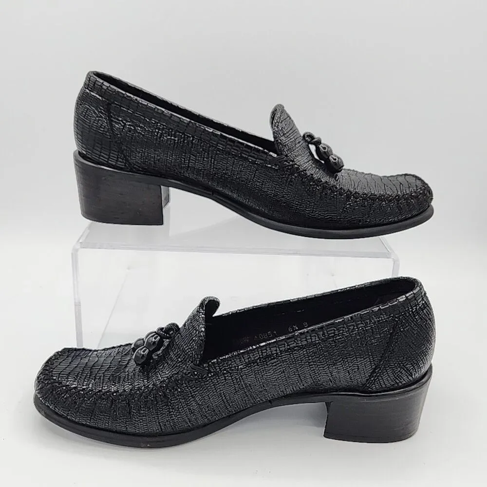 Stuart Weitzman Black Shiny Leather Tassle Loafers Block Heel Size 6.5B